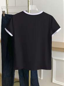 Franclia Camiseta de mujer de manga corta con cuello redondo, estampado de lazos y ribete de contraste - Negro - Ver 2