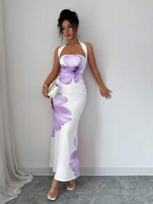 Elenzga 2025夏季女士露背系带修身印花中长连衣裙 - 淡紫色 - 查看 6