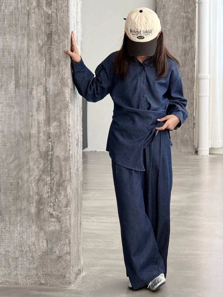 Tween Girl Solid Color Wrap Long Sleeve Top And Jeans Pants Casual Suit