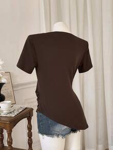 Modelyn Asymmetrical Ruched Waist Short Sleeve T-Shirt, Summer - Coffee Brown - View 2