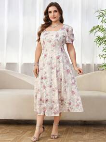 SHEIN Clasi 大码女式印花优雅派对短袖连衣裙 - 彩色 - 查看 7