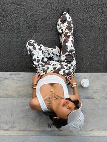 Muchica Women's Elastic Waist Cow Print Pocket Casual Versatile Daily Wear Wide Leg Sweatpants,Rave Outfits Festival - Multicolor - View 6