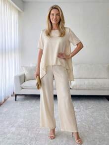 Miaspire Elegant Beige Asymmetrical Two-Piece Set For Women Summer Spring Formal Outfit With Short Sleeve Blouse And Wide Leg Pants, Perfect For Wedding Guest Party Formal Events Going Out - Apricot - View 1