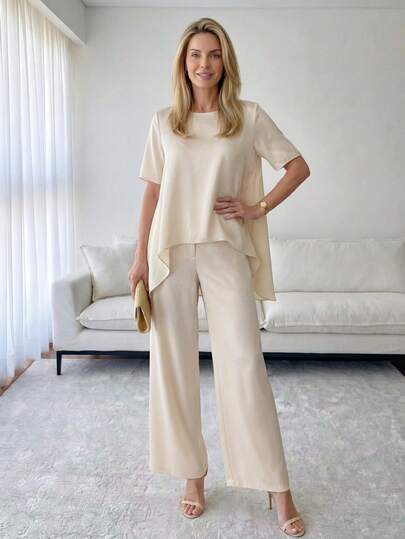 Miaspire Elegant Beige Asymmetrical Two-Piece Set For Women Summer Spring Formal Outfit With Short Sleeve Blouse And Wide Leg Pants, Perfect For Wedding Guest Party Formal Events Going Out