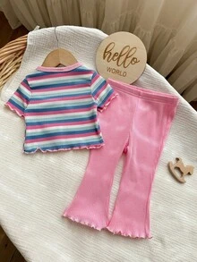 SHEIN 女婴可爱夏季休闲百搭针织彩色条纹短袖上衣和松紧腰裤套装 - 粉色 - 查看 2