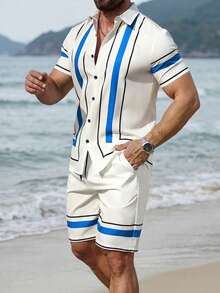 VENTUSAIL Áo sơ mi nam tay ngắn, hàng khuy đơn, họa tiết sọc mùa hè - Nhiều màu - Xem 4