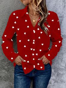 EMERY ROSE Women's Casual All-Match Long Sleeve Shirt With Allover Heart Print On Red Background, Versatile Style Suitable For Spring/Summer - Multicolor - View 3