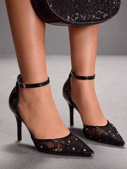 CUCCOO SZL Lace & Sequin Pointed Toe Stiletto High Heel Sandals, Sexy & Elegant Design, Floral Lace Upper, Adjustable Ankle Strap, Suitable For Sexy & Elegant Women, Ideal For Dates, Parties And More