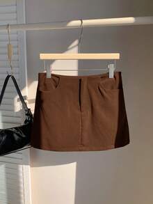 Comfortcana 夏季外出低腰纯色直筒灰色迷你裙 - 棕色 - 查看 6