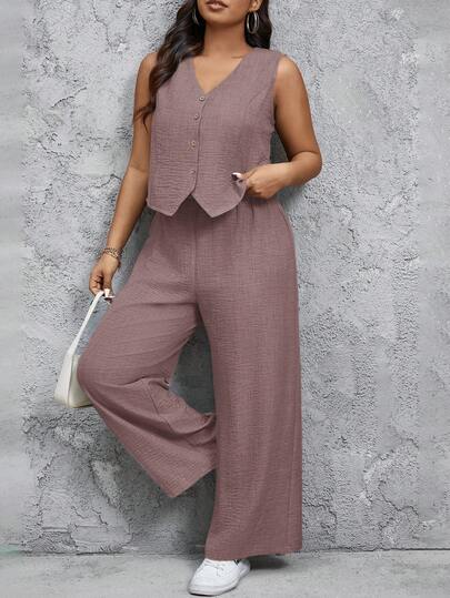 SHEIN Frenchy Plus Size Women Solid V-Neck Single-Breasted Vest And Pants Casual 2 Pieces Set, Summer Outfits Pant Suit Summer Sets