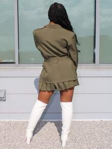 Steph T Solid Color Loose Waist Blazer Jacket And A-Line Pleated Skirt Suit, Early Autumn - Green - View 2