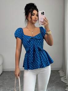 Elenzga Women's Elegant Heart & Polka Dot Pattern Bow Tie Blouse - Multicolor - View 6