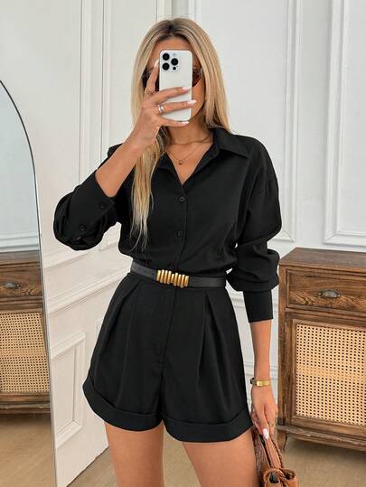 Easowa Svart långärmad jumpsuit i bomullslinne för kvinnor, vinter