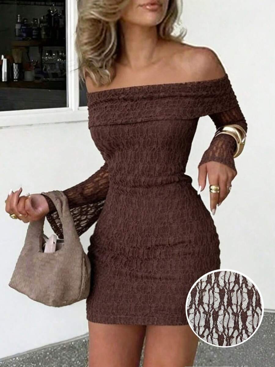 SHEIN PariChic 女士蕾丝露肩喇叭袖修身时尚连衣裙 - 咖啡 - 查看 1