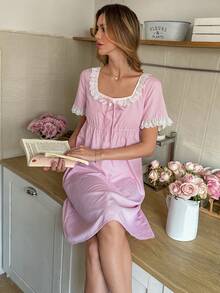 SHEIN 浪漫格子印花拼接蕾丝蝴蝶结松紧腰睡裙 - 粉色 - 查看 6