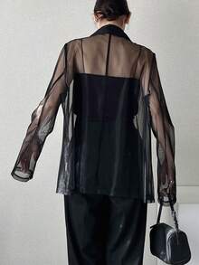 FRIFUL 女士休闲撞色网纱翻领双排扣西装外套 - 黑色 - 查看 2