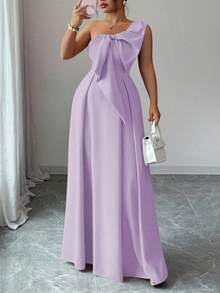 Elenzga 大码女士不对称肩部优雅浪漫派对连衣裙，配有加大码蝴蝶结腰带A字裙摆，适合派对、婚礼宾客、伴娘、秋冬季穿着。 - 紫色 - 查看 1