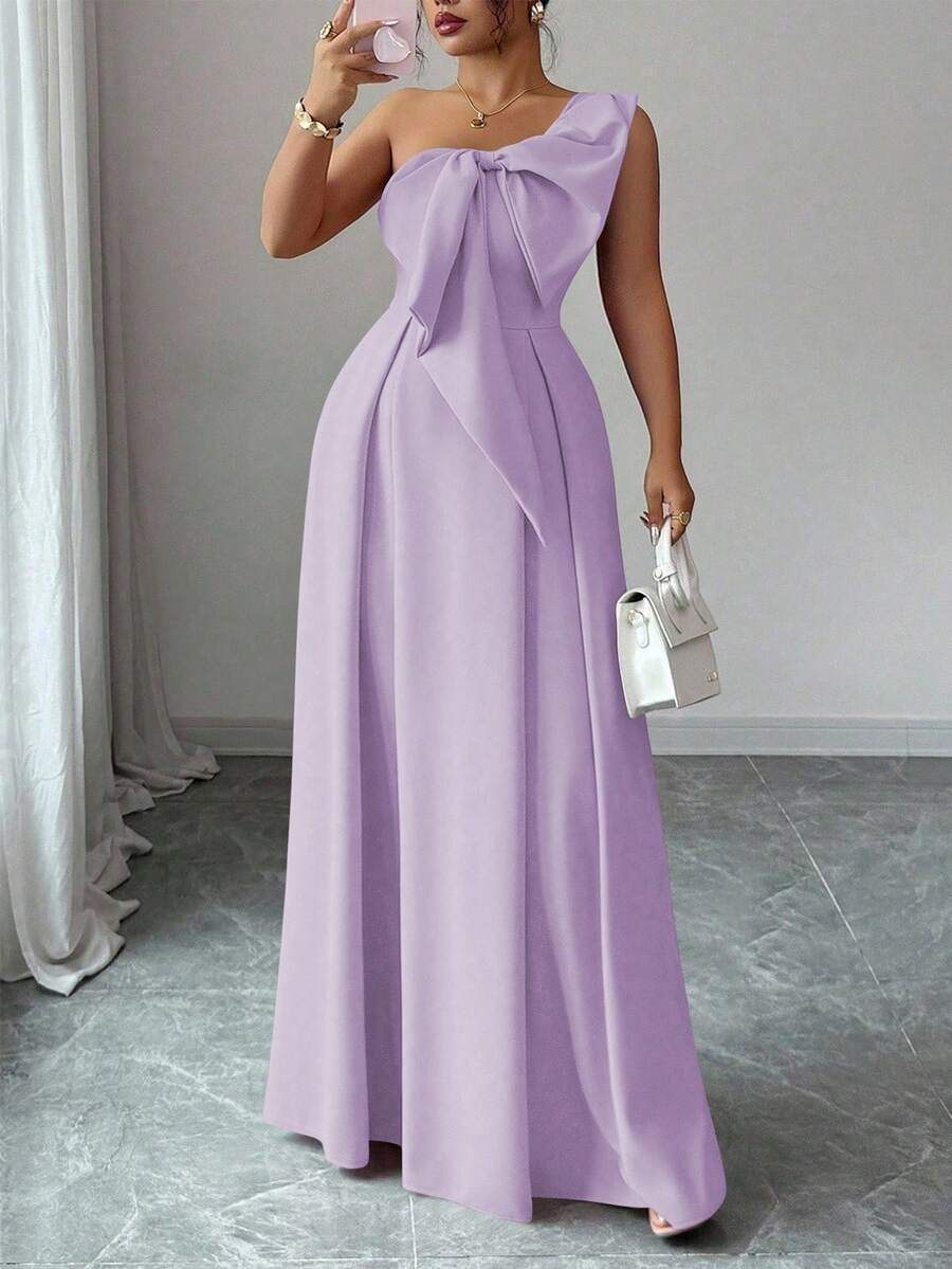Elenzga 大码女士不对称肩部优雅浪漫派对连衣裙，配有加大码蝴蝶结腰带A字裙摆，适合派对、婚礼宾客、伴娘、秋冬季穿着。 - 紫色 - 查看 1