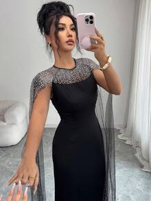 Elenzga Women's Elegant Luxurious Evening Dress, Black Satin Strapless Waist Cinched Long Sleeve Dress, Suitable For Parties And Galas - Black - View 5