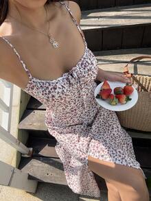 Serisse Women's Summer Vacation Ditsy Floral Slit Strap Mid-Length Dress - Dusty Pink - View 3