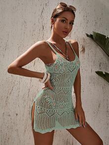 Swim Vcay Vacation Beach Solid Color Hollow Out Knit Side Slit Camisole Cover Up - Mint Green - View 3