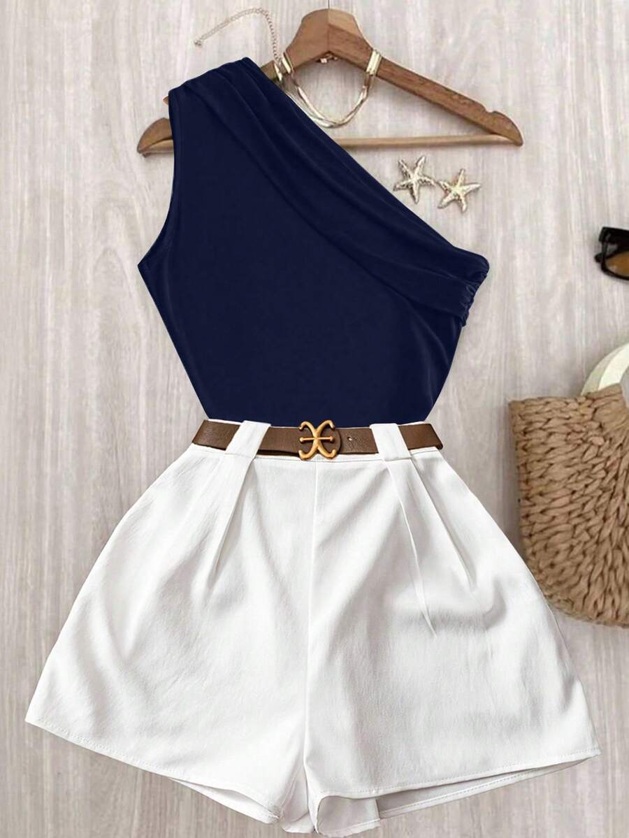 EMERY ROSE Casual Chic Commuting High Elasticity Solid Brown Pleated Shoulder Top And White Elastic Waist Pants Set - Navy Blue - View 1