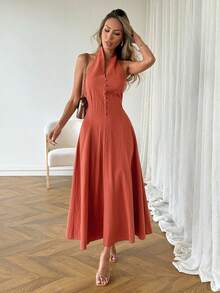 SHEIN LUNE 女士休闲纯色无袖长连衣裙，适合春夏度假、日常通勤和时尚穿着。 - 紅木色 - 查看 4