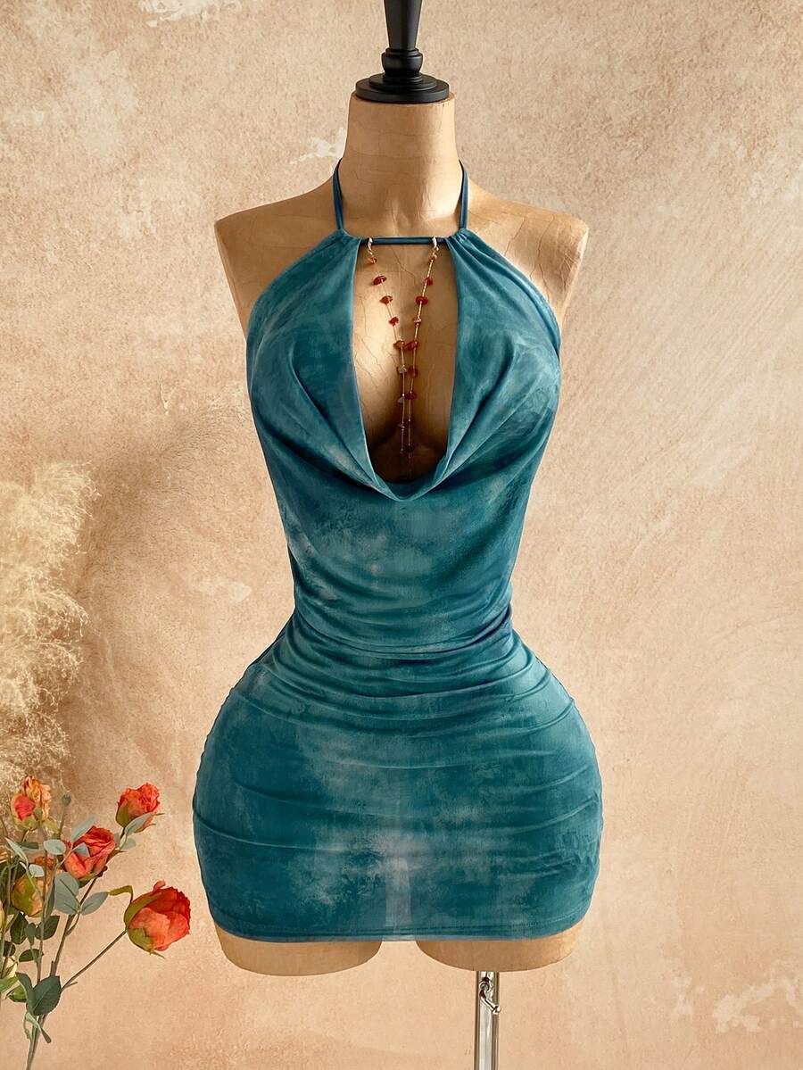 Soleia Đầm ngắn nữ gợi cảm hở lưng, buộc dây phía trước, xếp ly, kiểu dáng đi biển nhuộm tie-dye, không kèm thắt lưng. - màu xanh lá - Xem 1