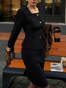 DAZY Women's Elegant Front Button Jacket And Skirt 2 Pieces Set, Suitable For Commuting In Autumn - Black - View 4