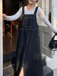 Dazy Plus Plus Size Women Loose Casual Strap Straight Hem Slit Maxi Denim Dress, Sleeveless - Dark Wash - View 6