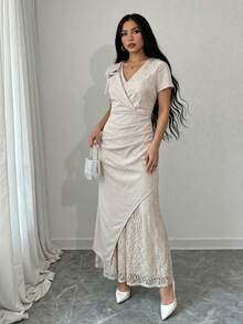 Modelyn Women's Elegant Contrast Lace Ruffle Summer Dress - Apricot - View 1