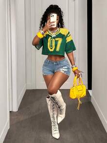 BamGleam V-Neck Colorblock Graphic Print Casual Short Sleeve T-Shirt - Green - View 6