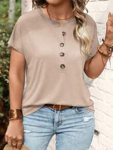 Selamara Plus Size Women Casual Basic Raglan Sleeve Crew Neck Button Front T-Shirt - Khaki - View 5