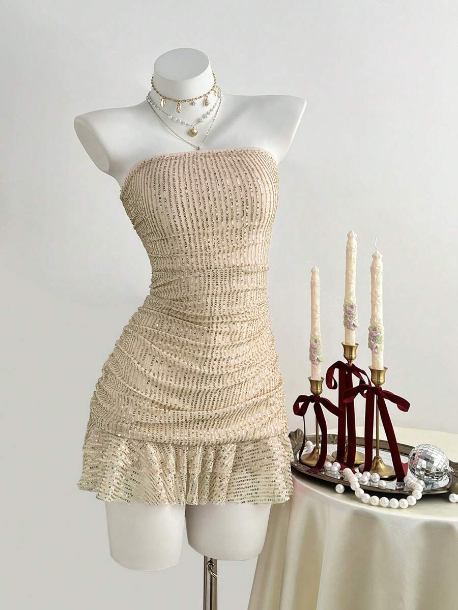 Elamini Đầm quây nữ màu trơn xếp ly đính sequin phối nhiều mảnh - Màu be - Xem 1