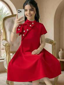SHEIN Tween Girl Spring/Summer Casual Elegant One-Piece Beaded Bow Stand Collar Puff Short Sleeve Straight Dress Red Tween Girl - Red - View 2