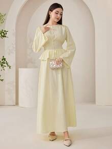 Veilorie 女士优雅纯色收腰喇叭袖上衣和半裙两件套，秋季 - 黃色 - 查看 2