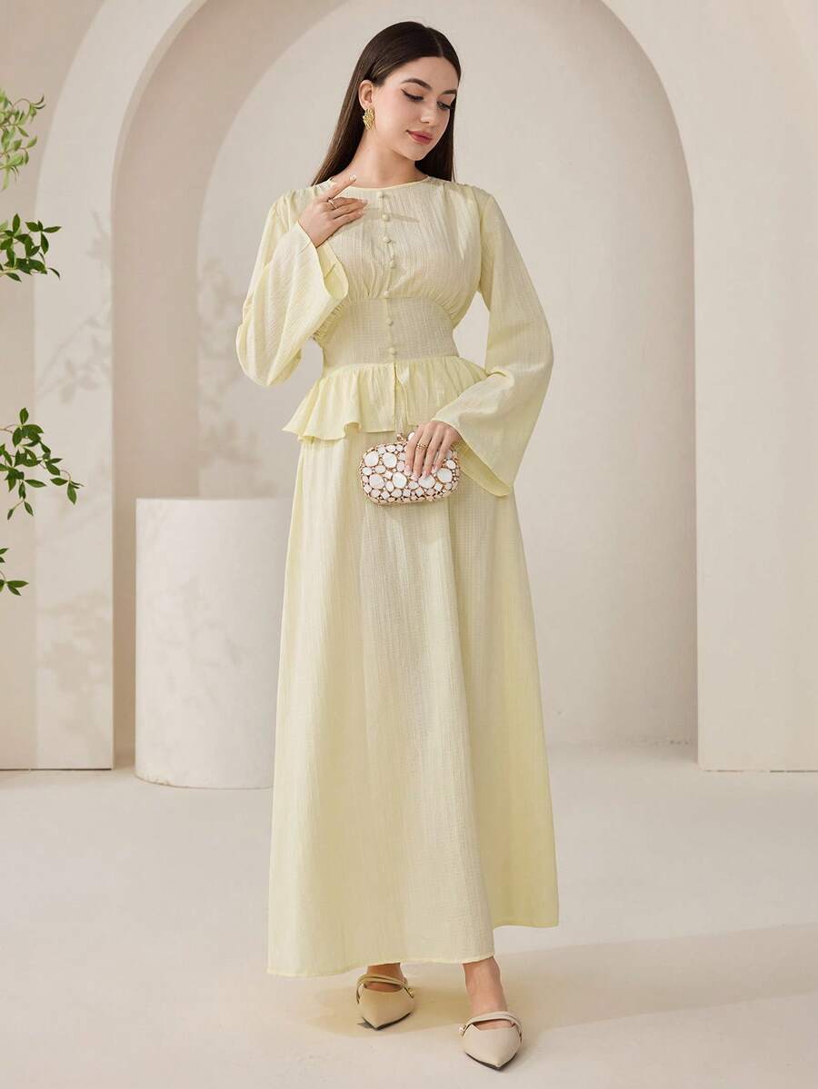 Veilorie 女士优雅纯色收腰喇叭袖上衣和半裙两件套，秋季