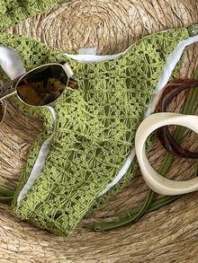 Swim Vcay 2pcs Textured Fabric Beaded Decor Triangle Bra & Tie Side Bikini Swimsuit Set, Sexy Women Summer Holiday Beach Accessories Beach Set For Women Knit Sets Green Vacation Outfit Olive Green Bikini - Olive Green - View 6