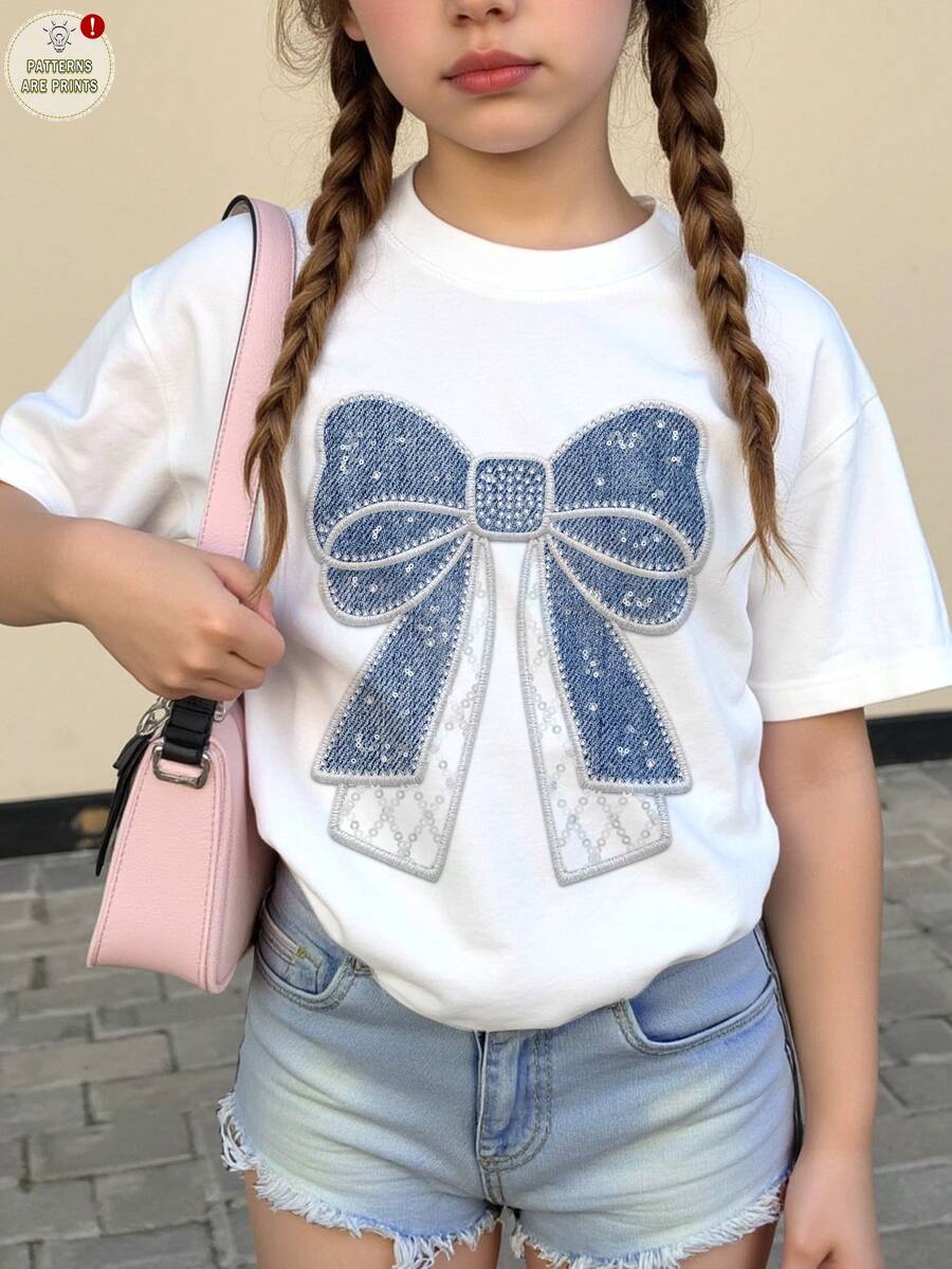 Camiseta gráfica con lazo brillante multicolor para niñas preadolescentes, diseño de cuello redondeado y hombros caídos - Multicolor - Ver 1