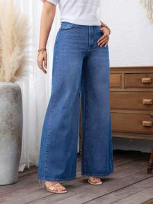 Plus Size Women's Casual Wide Leg Jeans With Pockets - Medium Wash Blue - View 8