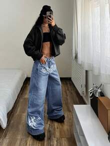 StreetHx 女士休闲时尚街头印花低腰宽松阔腿牛仔裤 - 藍色 - 查看 5