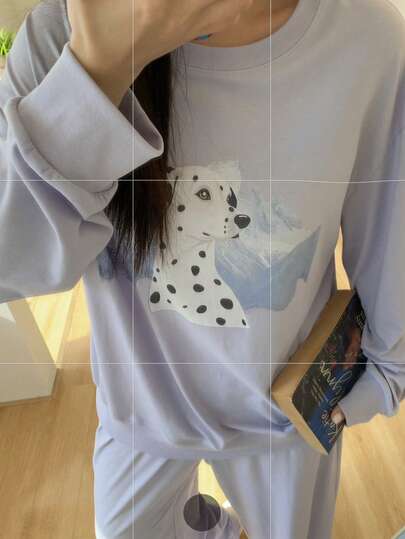 Dazy Plus Conjunto de ropa de estar en casa informal para mujer talla grande con estampado de lunares y perros, con top de manga larga y pantalones de pierna ancha