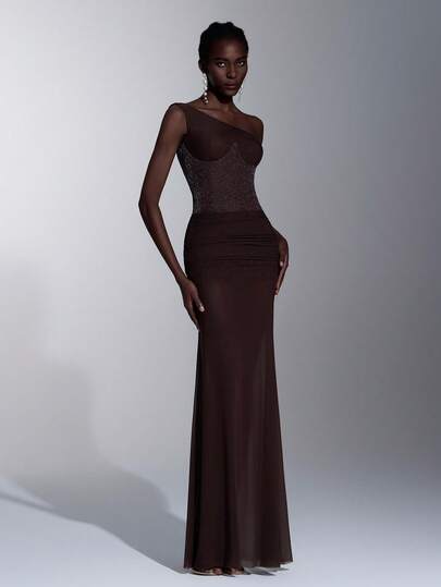 Elitara Elegant French Style Knitted Fabric Double Collar Waistband Shapewear Mesh Patchwork Ruched Waist Fishtail Hem Dress, Suitable For Festivals, Weddings, Galas, Concerts, Business Events, And Social Media Influencer Activities