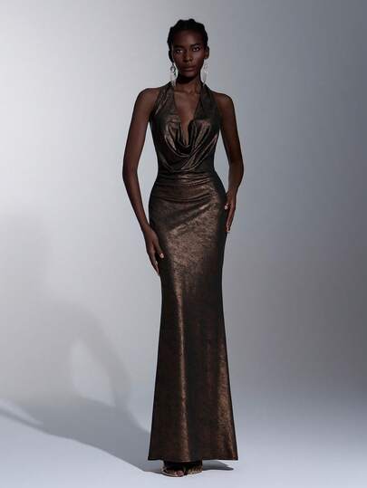 Elitara Elegant Romantic Cold-Shoulder Draped Neck Metallic Coated Twist Back Ruched Fishtail Hem Maxi Dress, Suitable For Festivals, Weddings, Galas, Concerts, Business Events, And Social Media Influencer Occasions Bronze Dress
