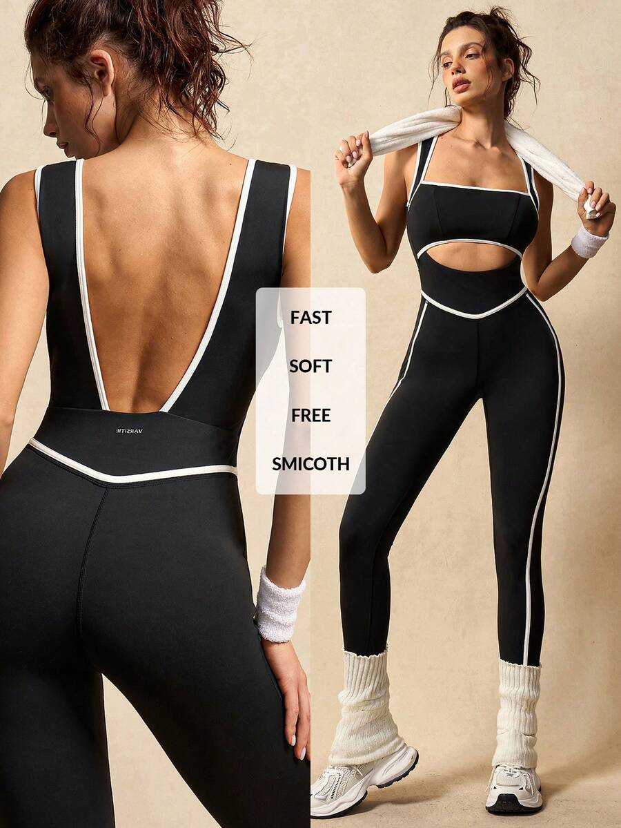 VARSIVA Contrast Trim Hollow Out Casual Slim Fit Jumpsuit - Multicolor - View 1