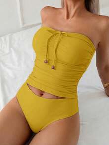 Swim Lushoire Women's Summer Vacation Elegant Versatile Fitted Ruched Bandeau Tankini Set - Yellow - View 5