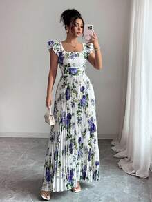 Selianne 女士印花方领褶裥优雅连衣裙 - 紫色 - 查看 5