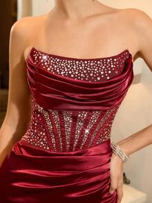 Poshira 女士水钻装饰抹胸仿鱼骨鸡尾酒裙 - 酒紅色 - 查看 7