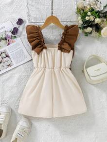 SHEIN Vintaside Kids Girls' Pastoral Vacation Ruffled Bowknot Square Collar Linen Jumpsuit,Holiday,Summer,Travel - Apricot - View 2