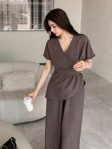 DAZY Women's Casual, Office, Commute Surplice Neck Wrap Fitted Top And Wide Leg Pants 2 Pieces Set, Spring/Summer/Autumn - Coffee Brown - View 1